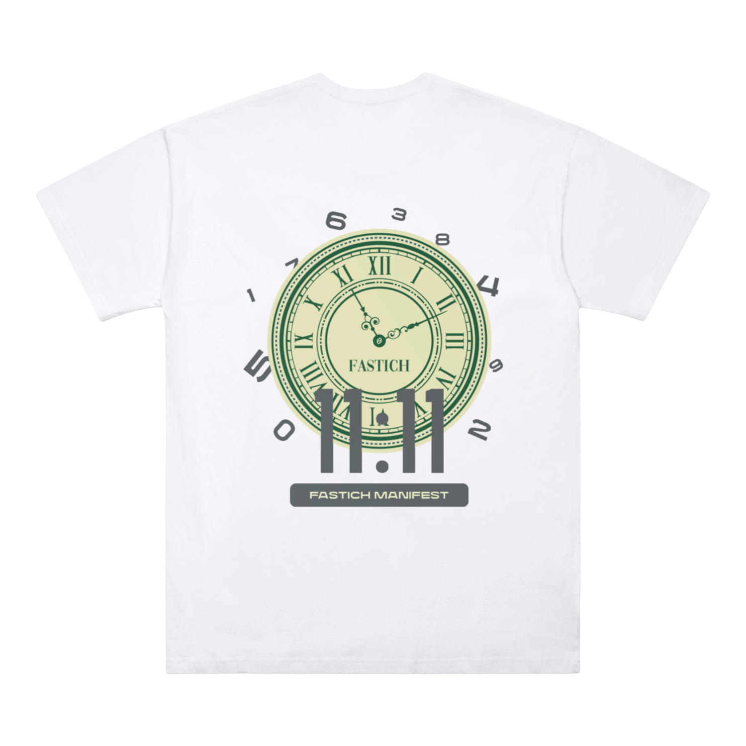 White t-shirt with a green clock design and 'Fastich' branding on a white background