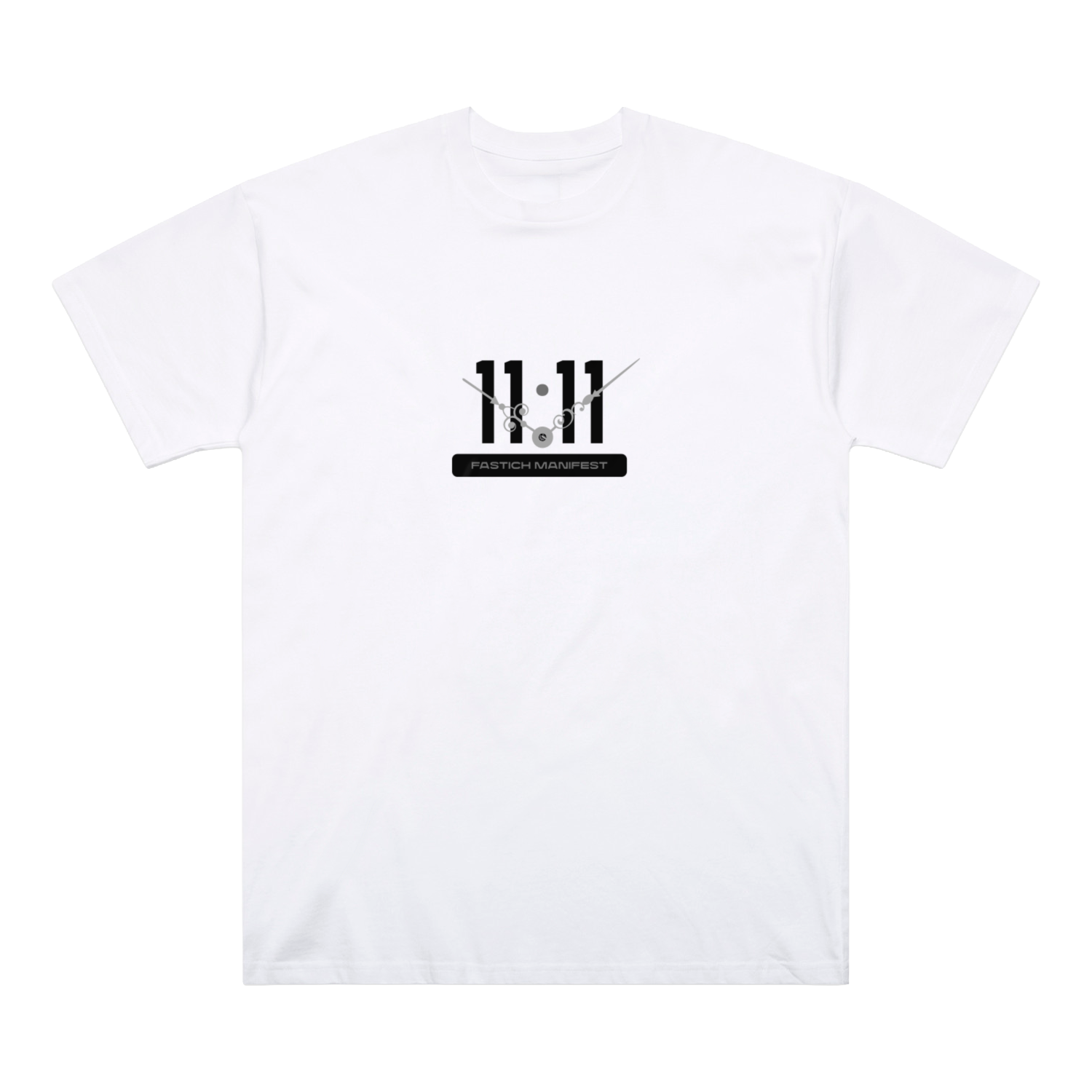 White t-shirt with a black graphic design on a white background