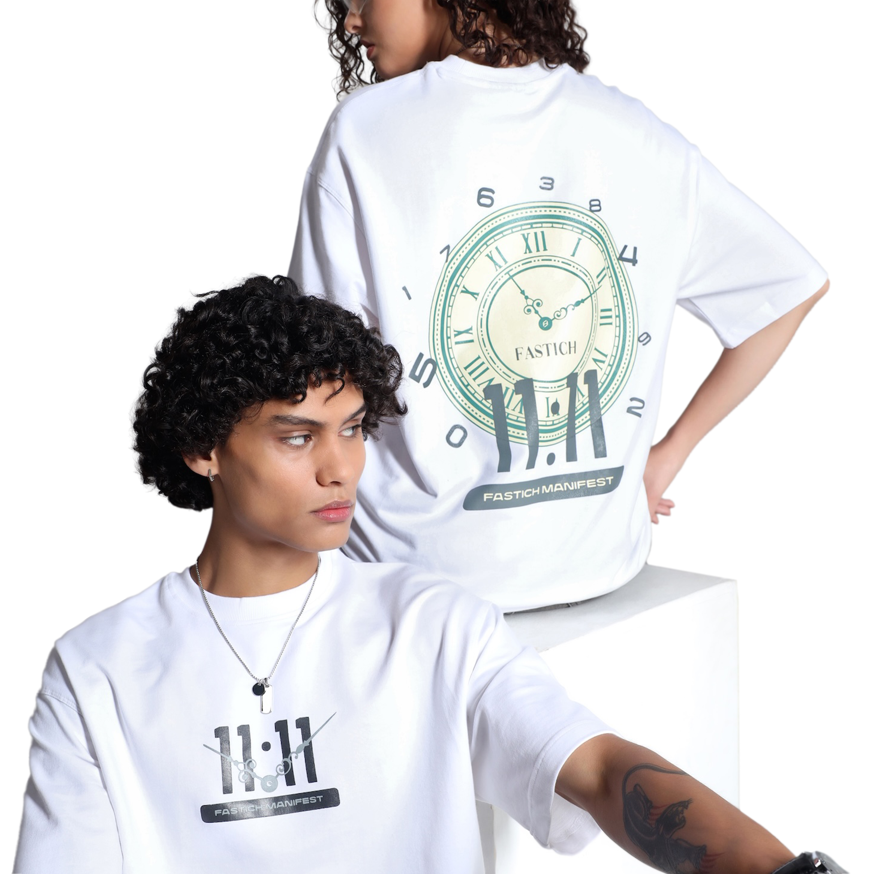 Two people wearing white t-shirts with clock designs on a white background